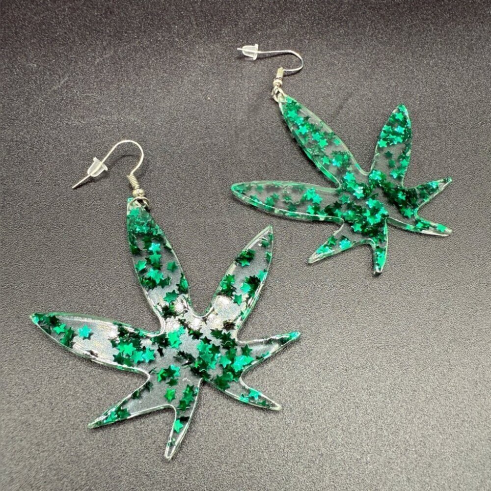 Green Star Leaf Dangle Earrings